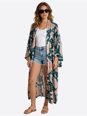Intimately Free People Floral Kimono Duster Boho Lightweight Green Pink Small